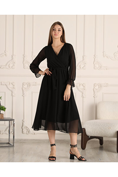Azra Style Rochie de damă din șifon neagră cu curea cu guler dublu 4018