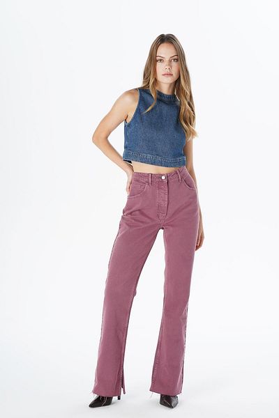 CROSS JEANS Aurora Dried Rose High Waist Patty Buttoned Flare Fit Leg Slit Jean Trousers C 4528-028