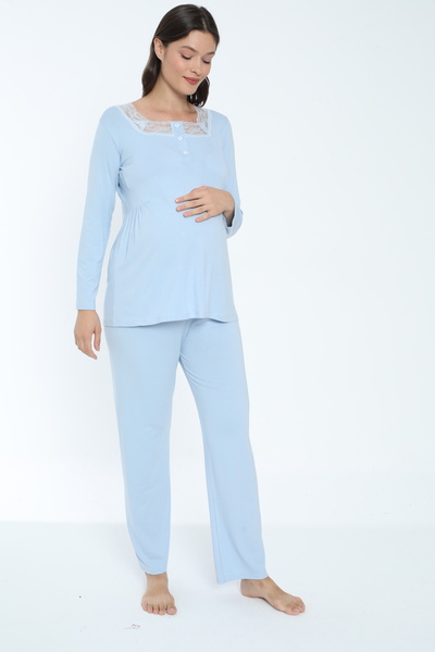 Miss Dünya Lissa Bebe Mavisi Emzirmeye Uygun Hamile ve Lohusa Pijama Takımı
