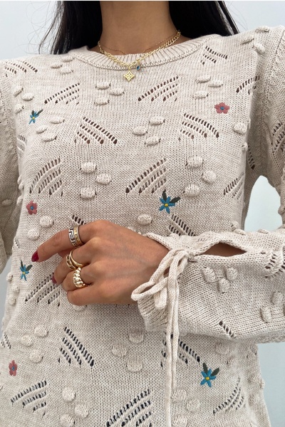 FEMELLE Pulover de damă, bej, mărime standard, cu broderie la gleznă, tricotaj (compatibil cu mărimea S și M)