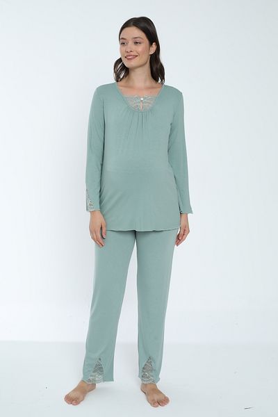 Miss Dünya Lissa Lace Detailed Green Maternity and Maternity Pajamas Set Suitable for Breastfeeding