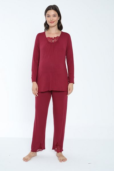 Miss Dünya Lissa Lace Detailed Claret Red Maternity and Maternity Pajamas Set Suitable for Breastfeeding