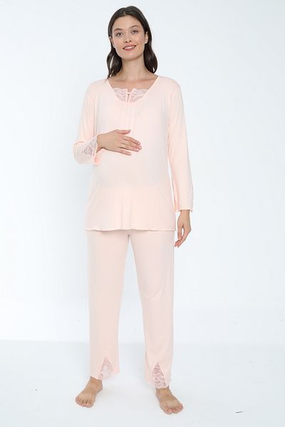 Miss Dünya Lissa Lace Detailed Salmon Maternity and Maternity Pajamas Set Suitable for Breastfeeding