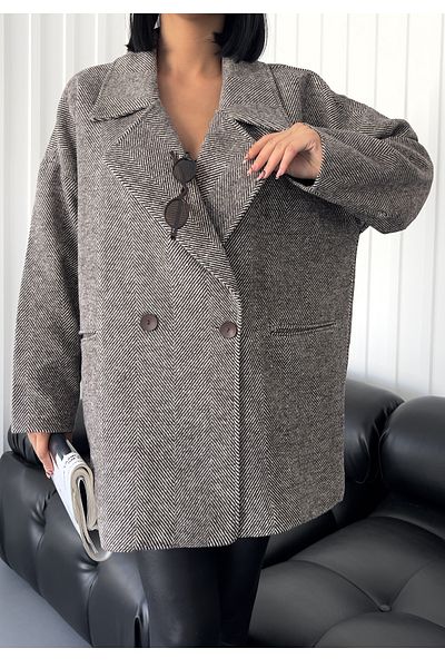 lovebox Women's Brown Herringbone Double Breasted Collar Pocket Detailed Oversize Stash Coat 7060