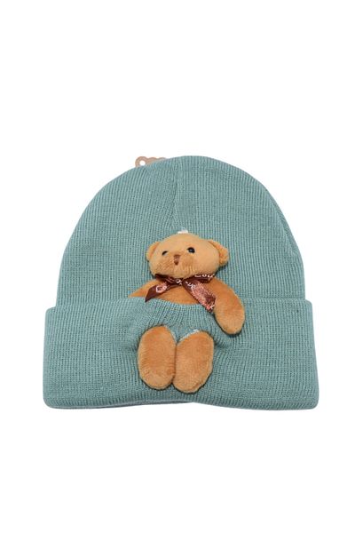 ARL Green Soft Textured Winter Beanie with Teddy Bear for Kids, Beanie with Favorite Teddy Bear Figure Winter Fashion