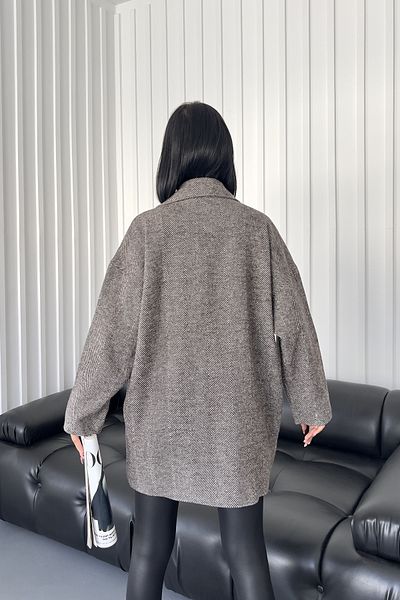 lovebox Women's Brown Herringbone Double Breasted Collar Pocket Detailed Oversize Stash Coat 7060