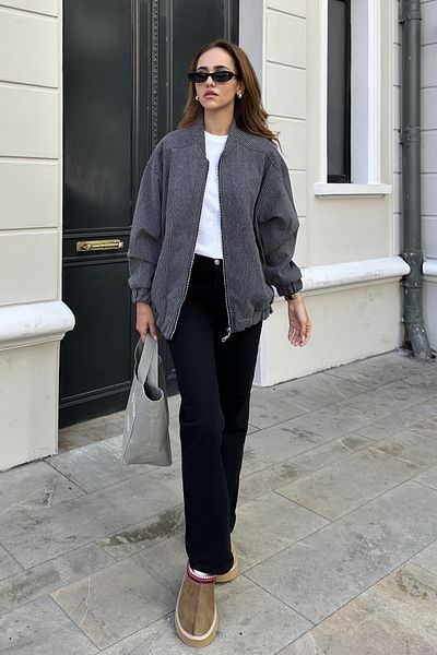 Nazliye Smoked Striped Bomber Jacket
