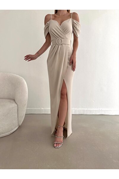 twomeey Imported Crepe Evening Dress with Shoulder Detail, Belt and Front Sli...