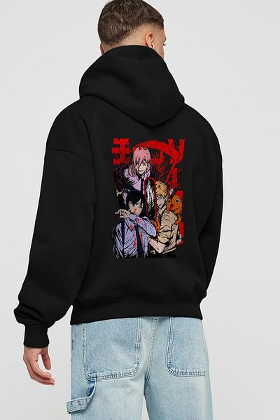 Ankhises CHAINSAWMAN CREW Hanorac negru supradimensionat cu glugă cu imprimeu pe spate Anime Bărbați Femei