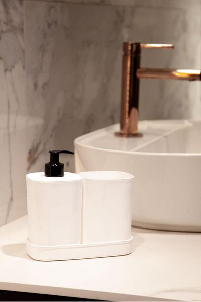 Panoramas Home White 3 Piece Liquid Soap Dispenser Bathroom Set Kitchen Detergent Sponge Holder Set with Stand