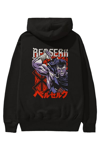 Ankhises GUTS berserk Hanorac negru supradimensionat cu glugă, cu imprimeu pe spate, bărbați, femei
