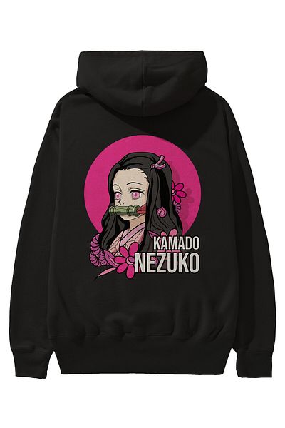 Ankhises Nezuko Kamado 2 Hanorac negru oversize cu glugă, cu imprimeu pe spate, bărbați, femei