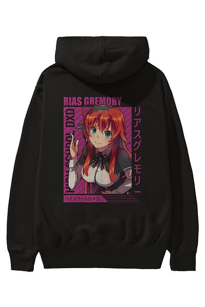 Ankhises Rias Gremory 10 Hanorac negru supradimensionat cu glugă, imprimat pe spate, bărbați, femei