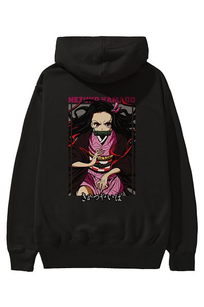 Ankhises Nezuko Kamado 1 Hanorac negru oversize cu glugă, cu imprimeu pe spate, bărbați, femei