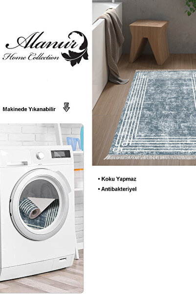 Dekoreko Dijital Banyo Halısı Trend Keçe Kaymaz Taban Saçaklı Modern Shelbi Mavi