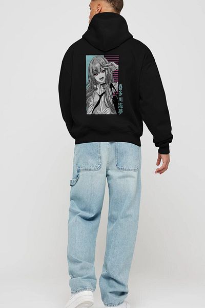 Ankhises Marin Kitagawa 1 Hanorac negru oversize cu glugă cu imprimeu pe spate, bărbați, femei