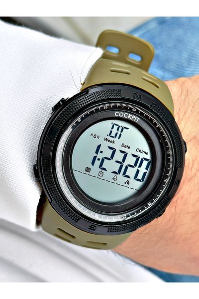 Cockpit Digital Men's Wristwatch with Silicone Strap 5 ATM Waterproof Alarm and Illuminated Stopwatch
