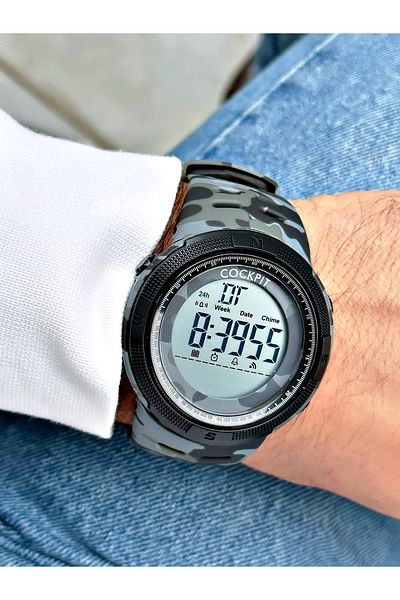 Cockpit Digital Men's Wristwatch with Silicone Strap 5 ATM Waterproof Alarm and Illuminated Stopwatch