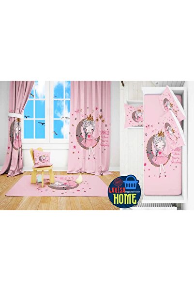 Lavisa Ay Üstünde Oturan Kız Pembe Model Dijital Baskı 2 fon Perde & Yatak Ör...