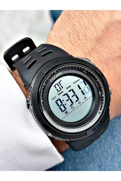Cockpit Digital Men's Wristwatch with Silicone Strap 5 ATM Waterproof Alarm and Illuminated Stopwatch
