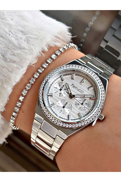 Ferrucci Silver Color Steel Strap Stone Case Women's Wristwatch Bracelet Gift