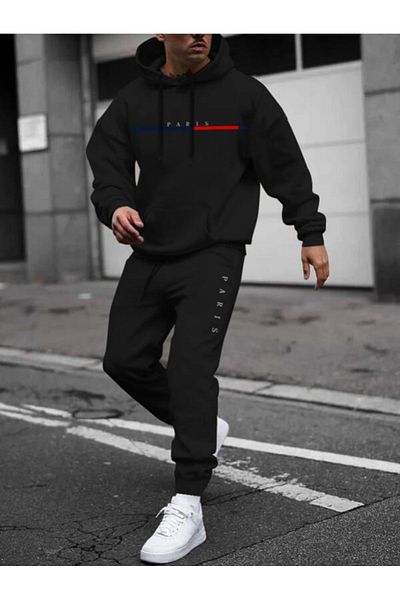 YUVEST BLACKROCK Black PARIS LINE Printed Hooded Sweatshirt and Sweatpants Tracksuit Set