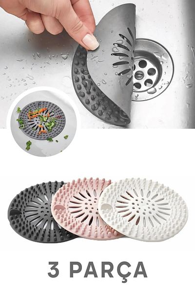 LEON LİFE Leon Life 3 Pieces Round Silicone Sink and Tub Strainer - Anthracite/Pink/White
