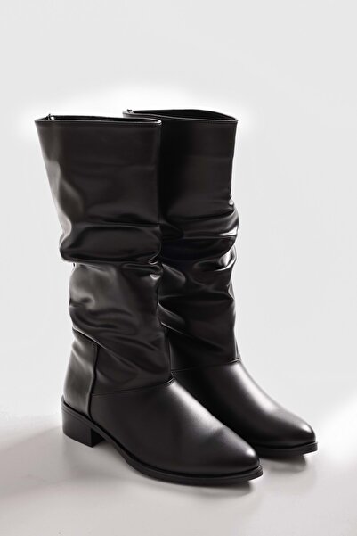 Shoeberry Női Jerica fekete bőr, szegélyezett lapos csizma, fekete bőr