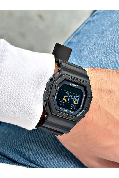 Cockpit Digital Men's Wristwatch with Silicone Strap 5 ATM Waterproof Alarm and Illuminated Stopwatch