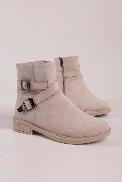 Shoeberry Női Sukie bézs velúr csatos lapos sarkú csizma bézs velúr
