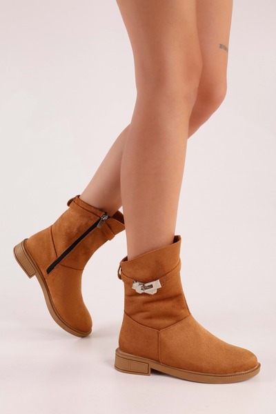 Shoeberry Kadın Mayslie Taba Süet Tokalı Düz Topuklu Bot Taba Süet