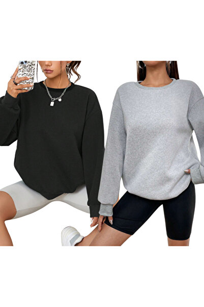 NAKRUF Black-Grey 2-Piece Solid Color Women's Oversize Sweatshirts