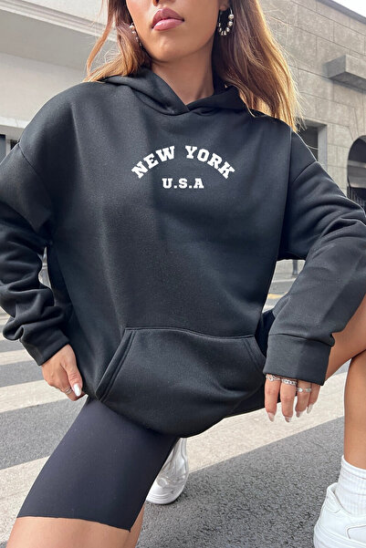 NAKRUF Crna majica New York Štampano Oversize kroj Sa kapuljačom