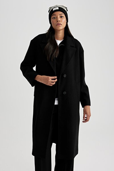 DeFacto Dwurzędowy kołnierz i zapinany na guziki wełniany długi płaszcz ze wzorem - A2480Ax23Wn