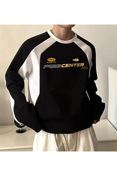 Gofeel Day Light F422 Center Printed Line Detail Unisex Oversize Crew Neck Black Sweatshirt