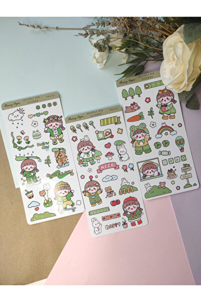 Flowery Paper Yeşil Sevimli Kız 3'lü Sticker Set - Defter ,Ajanda , Journal,S...