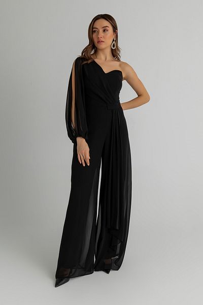 lovebox Belted Chiffon Black Evening Dress - Chest Padding, Draped, Wide Leg, Lined, Single Sleeve 1336