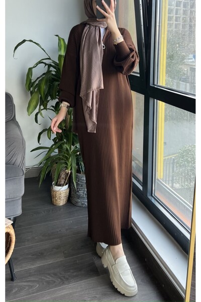 MAXXANA فستان حجاب محبوك فضفاض كبير الحجم ذو ياقة بسحاب مقاس 38-44