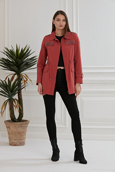 Trenç Boncuk İşleme Detaylı Kadın Trençkot