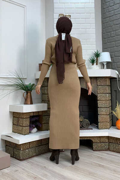 Bym Fashion Button Detailed Pocket Look Knitwear Tight Dress 23312 Tan