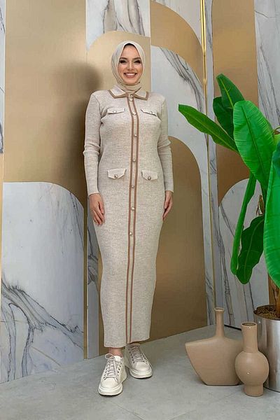 Bym Fashion Κουμπί Λεπτομερής Pocket Look Πλεκτό Στενό Φόρεμα Πέτρα