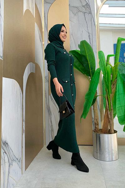 Bym Fashion Κουμπί Λεπτομερής Pocket Look Πλεκτό Στενό Φόρεμα 23312 Emerald