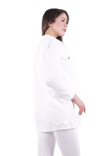 RICHMOST Ripped and Finished Tassel Long Sleeve Classic Collar Women's Denim Jacket Four Seasons White