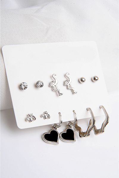 EUROMODA Set of 6 Earrings with Black Heart, Flamingo and Ladybug Figures, Silver Color Hoop Solitaire and Ball Earrings