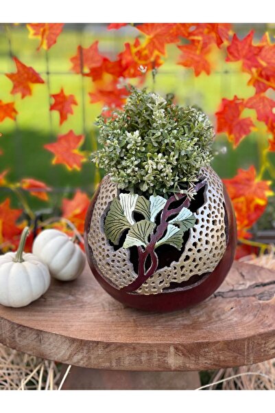 Mady Aksesuar Bordo Yaprak Desenli Su Kabağı Saksı Dekoratif Obje 20 cm Boyunda