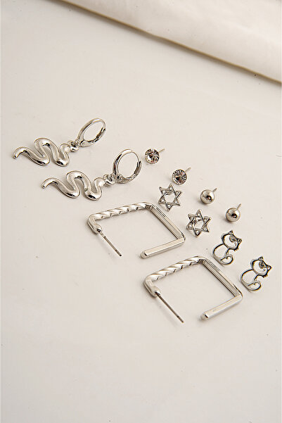 EUROMODA Yılan Kedi ve Yıldız Figürlü Gümüş Renkli Halka Tektaş ve Top Küpeli 6lı Unisex Küpe Seti