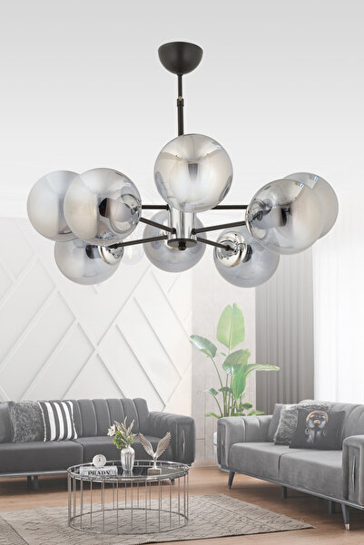 avimonaydınlatma MADRİD 8'Lİ FÜME GLOB CAMLI MODERN SARKIT AVİZE OTURMA ODASI SALON ANTRE