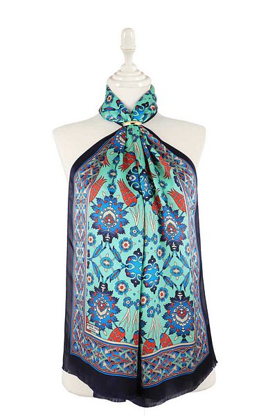 Bursa İpek Navy Blue Green Tile Tulip Silk Scarf