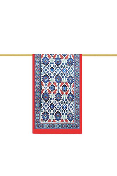 Bursa İpek Red Tile Tulip Pattern Narrow Silk Scarf