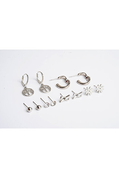 EUROMODA Yaşam Ağacı , Çiçek ve Sonsuzluk Figürlü Gümüş Renkli Halka Tektaş ve Top Küpeli 6lı Küpe Set